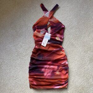 OH POLLY OUT OF THIS WORLD Crossover Ruched Mesh Mini Dress in Orange